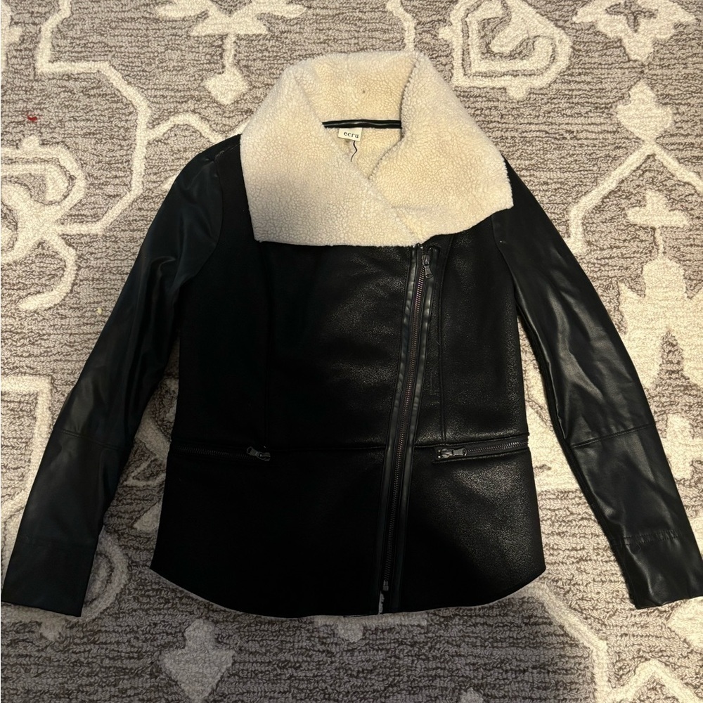Ecru Women Jacket XS Suede & Sherpa Moto Zippers Cropped Fitted